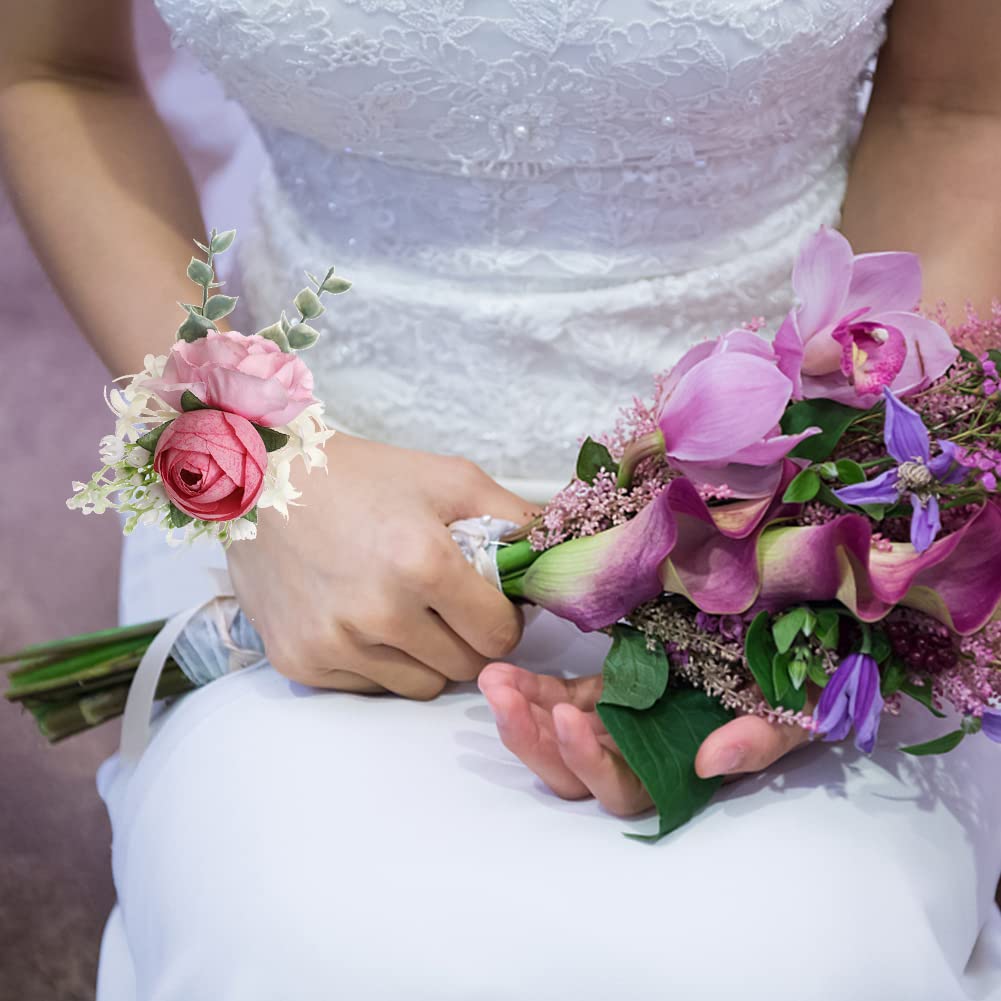 Lot De 6 Corsages De Poignet Blancs Pour Bal De Fin D'année, Rose Pour