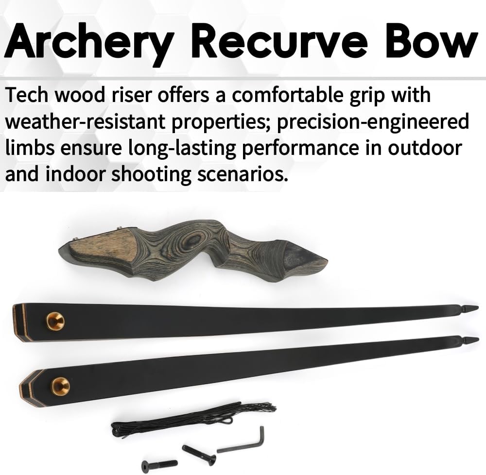 Archery Recurve Bow Kit 60" Takedown Bow Tech Wood 25/30/35/40/45/50lbs for Beginners and Hunter Shooting