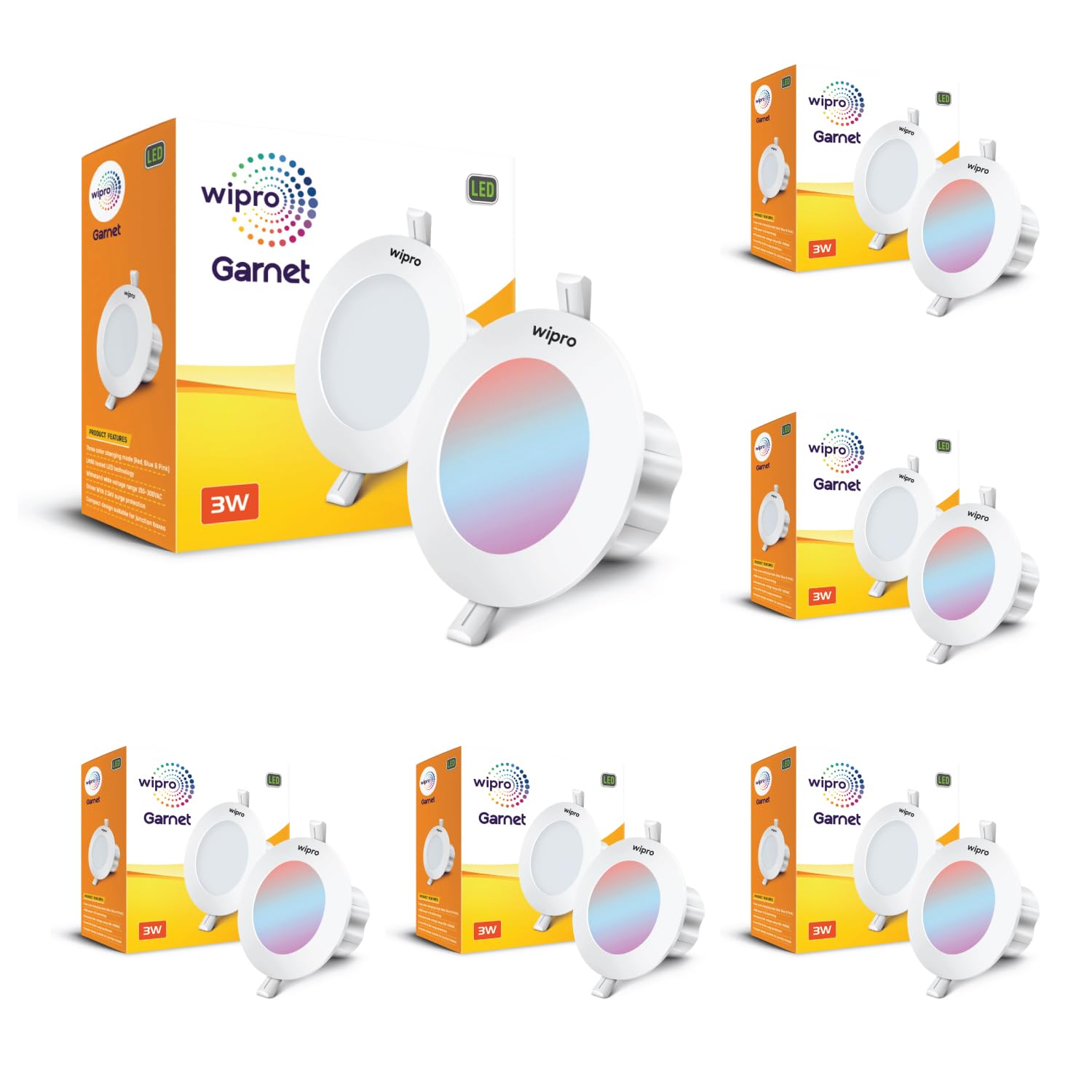 wipro Garnet 3W LED Mini Downlight|Colour Changing(Red/Blue/Pink)|Compact Design with 120° Beam Angle|Recessed Down Light for False Ceiling|Cutout - 2.2 Inch|Pack of 6