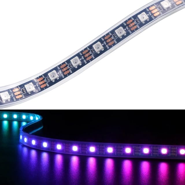 YUNBO WS2812B RGB LED Strip 5M 300LEDs, 60 Pixels/M DC 5V 5050 SMD Individually Addressable Black PCB IP67 Waterproof Cuttable Smart Flexible LED Lighting