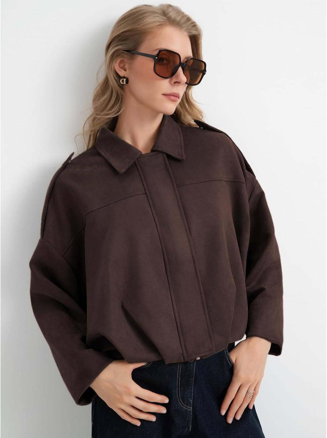Women’s Oversized Faux Suede Bomber Jacket, Cropped Barn Style Lapel Coat, Casual Streetwear for Fall Spring - Image 5