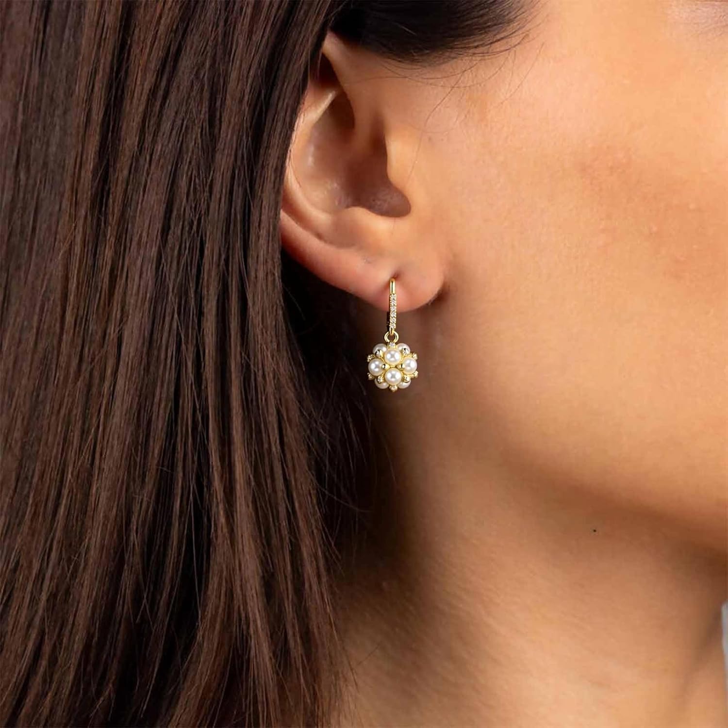 Vintage Cluster Pearl Drop Earrings Gold Pearl Ball Dangle Earrings Wedding Bridal Pearl Earring Cluster Rhinestone Cz Pearls Huggie Hoop Earring Jewelry for Women - Image 2