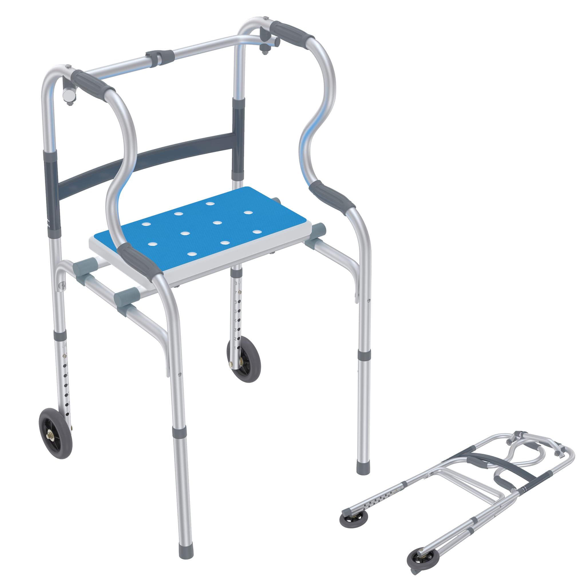 Składana rama dla seniorów z 2 kółkami, pomoc w chodzeniu dla osób starszych, rama z aluminium, 8 biegów, regulacja wysokości, składany kozioł dla dorosłych, obciążenie do 180 kg