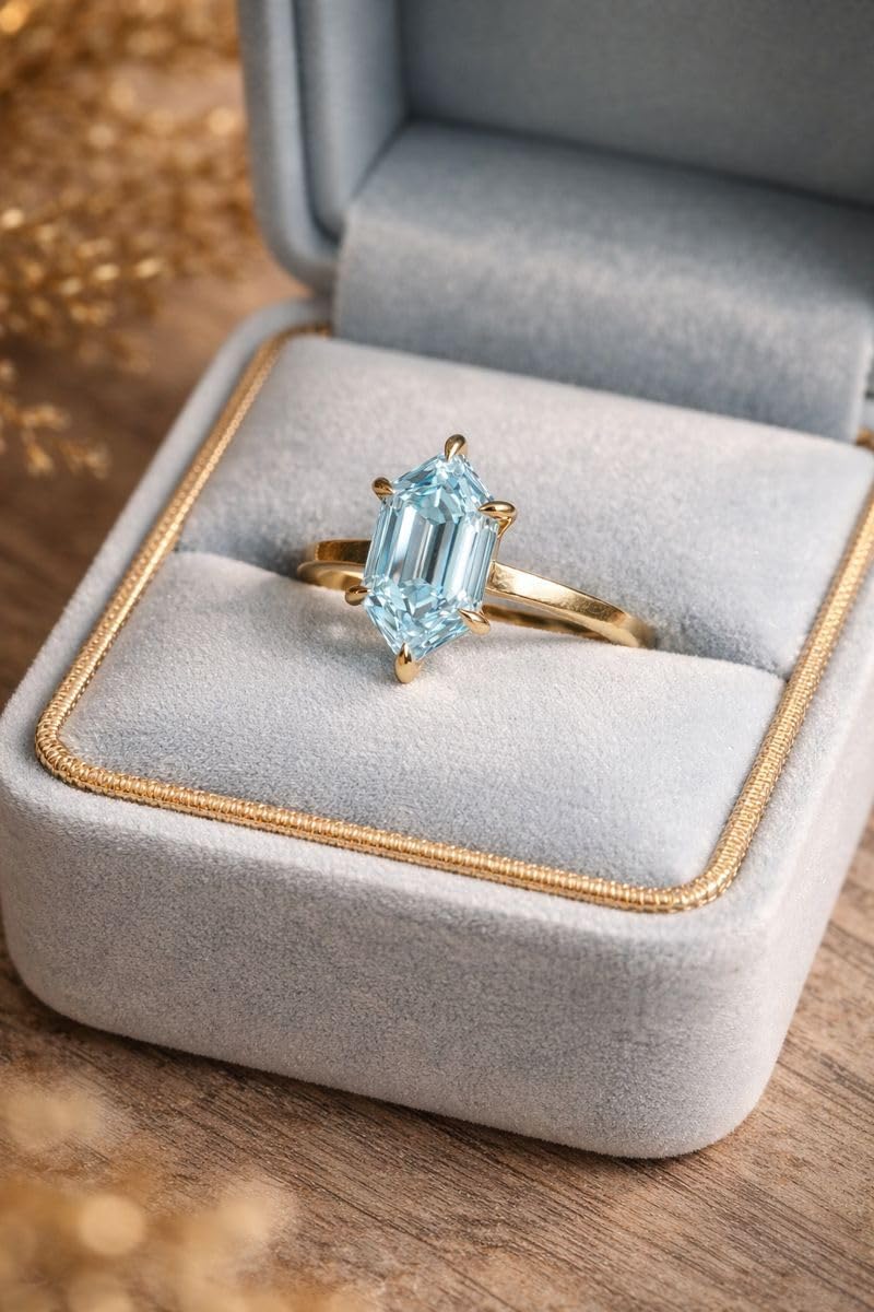 Hexagon Cut Blue Aquamarine Engagement Ring for Women 14K yellow Gold Solitaire Vintage Minimal Handmade Promise Ring Gift for Her