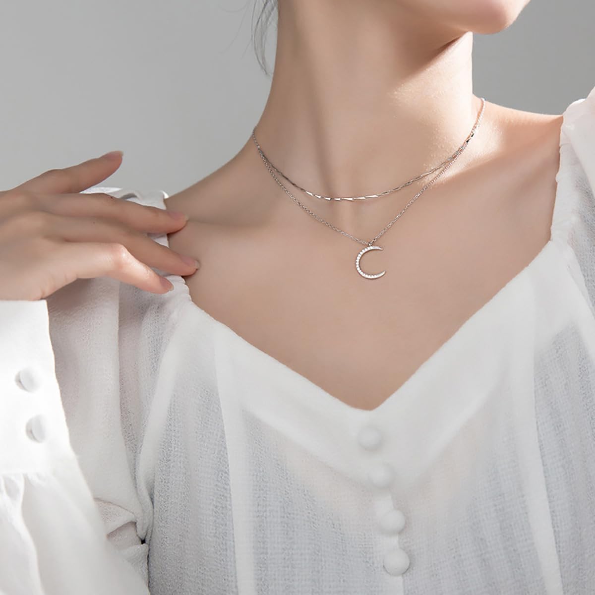 SLUYNZ Solid 925 Sterling Silver Moon Choker Necklace for Women Teens Moon Layer Pendant Necklace