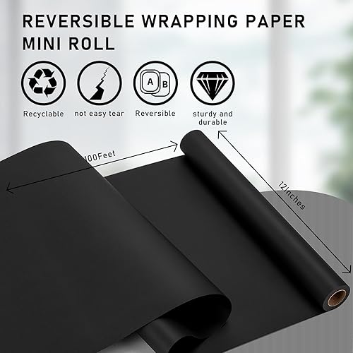 Miniatura 6 de Rollo de papel de regalo negro Kraft de 12 pulgadas x 100 pies, papel de embalaje de estraza reciclable para envolver paquetes, arte de pared,
