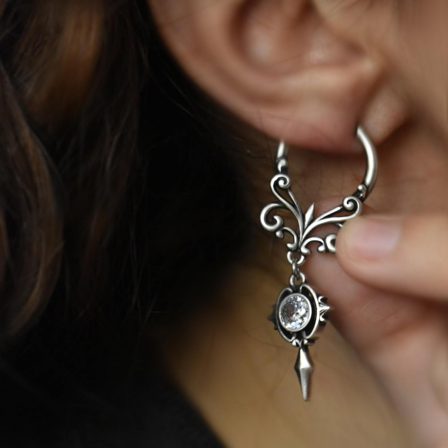 PUNKYOUTH Gothic Crest Dangle Drop Hoop Earrings Dark Alternative Piercing Jewelry 18G 1mm Antique Finish Ornate Scroll Cubic Zirconia Spike Statement Everyday Wear Accessories For Women Men