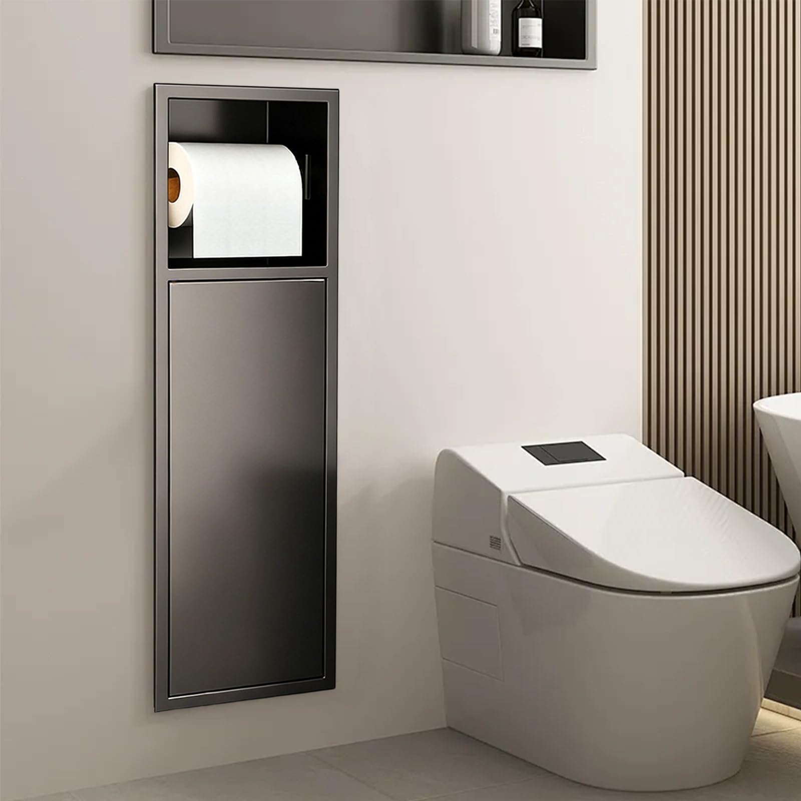 Portarrollos de papel higiénico empotrado de acero inoxidable con puerta corredera, armario de baño con portarrollos para el conjunto de escobillas, negro/blanco, 60 x 16,5 x 12,5 cm (negro)