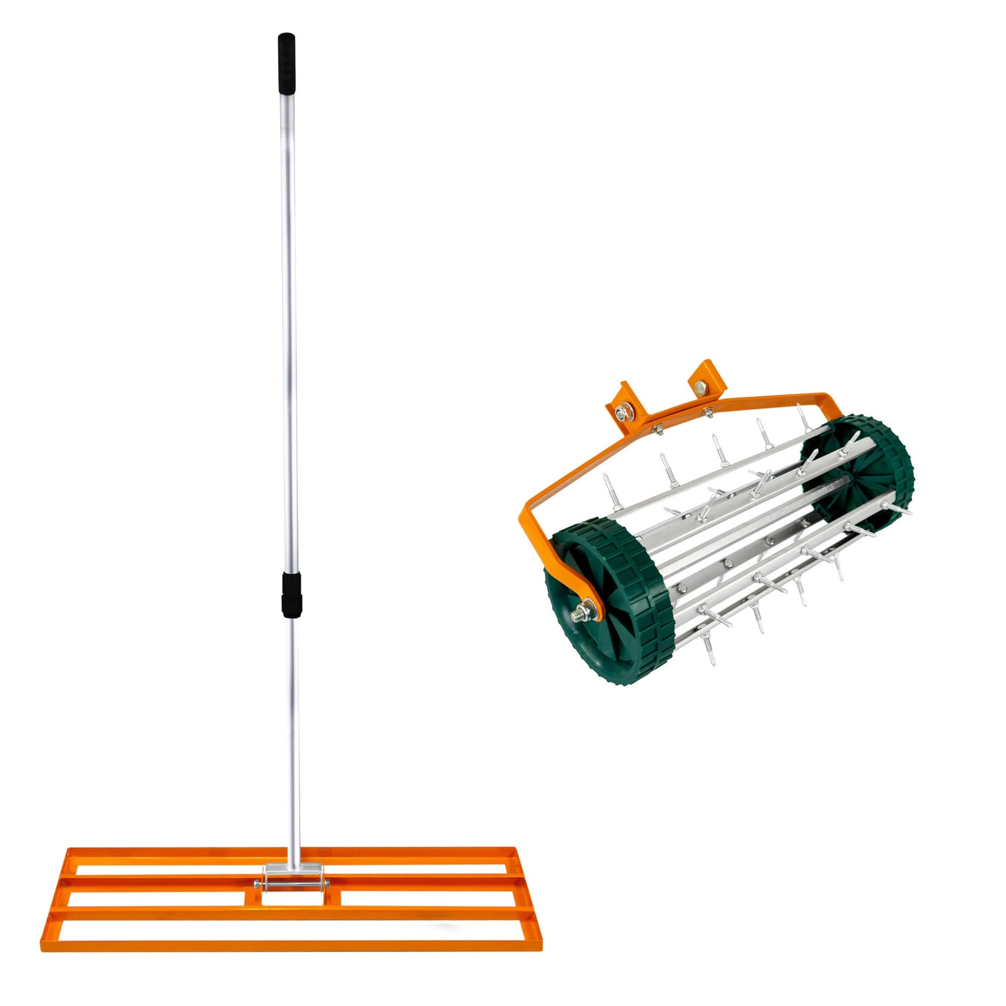 Set 2-in-1 Arieggiatore Manuale e Livellatore per Prato Arancione in Acciaio Zincato e Alluminio con Manico Estensibile fino a 2m, Base Livellatrice da 100cm e Picchetti da 3,8cm