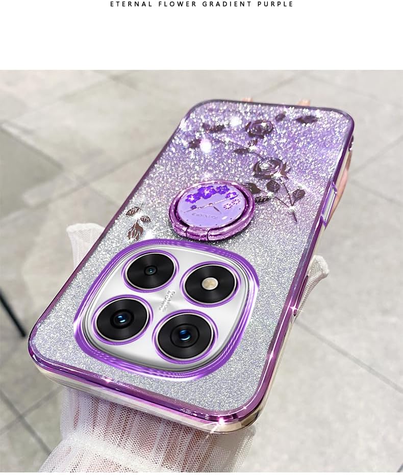 for Xiaomi Redmi Note 14 Pro Case for Women Girls, Luxury Plating Bling Glitter Sparkle Flowers Shockproof Case with Ring Stand for Xiaomi Redmi Note 14 Pro.Flowers Pink - Image 3