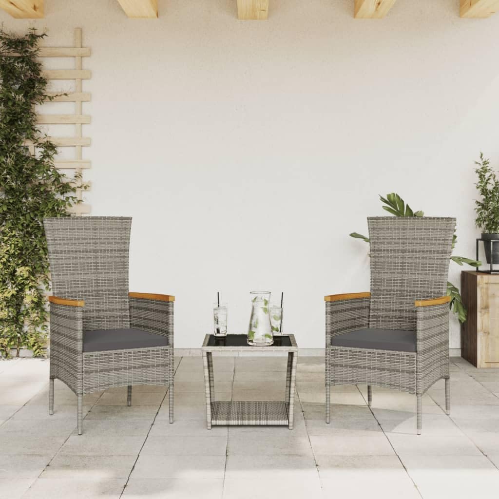 Set da Pranzo Giardino 3 Pezzi con Cuscini Polyrattan Grigio
