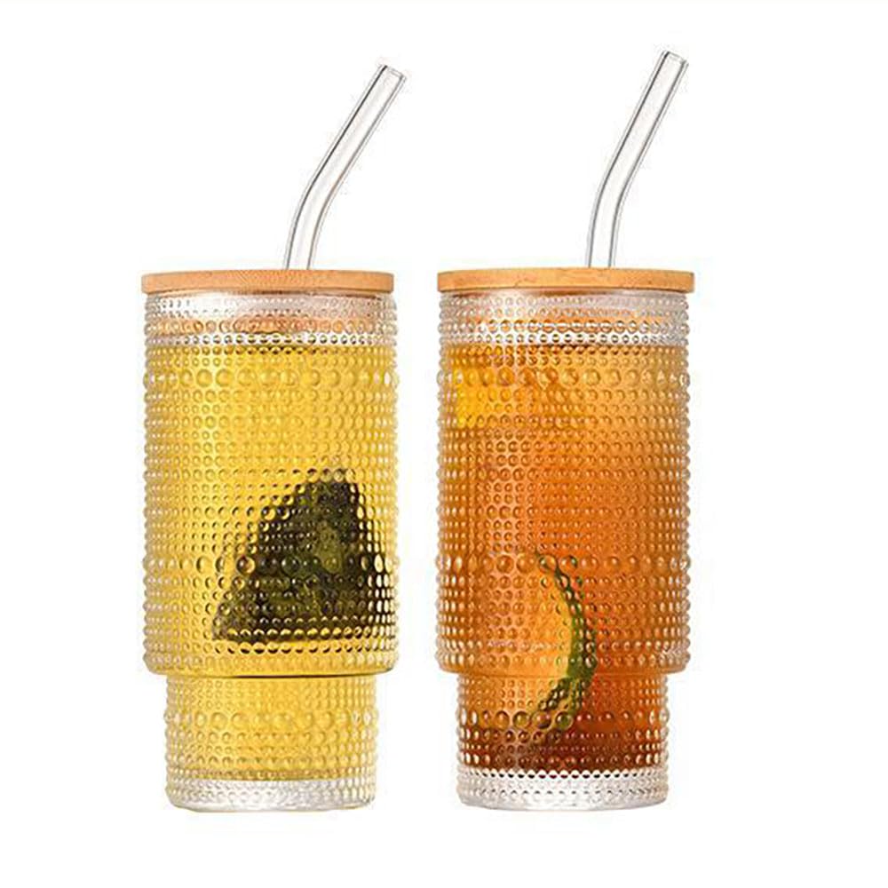 Lot de 4 gobelets empilables en verre texturé avec couvercles et pailles en bambou, 320 ml - Tasses à café glacé réutilisables pour cuisine/fête/maison, peu encombrant