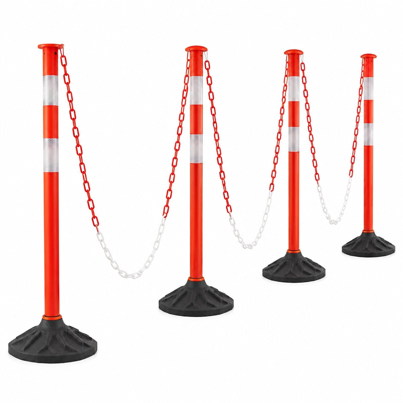 4 poteaux de signalisation Rouges avec Base lestée, Bandes réfléchissantes et chaîne, pour Chantier et Parking