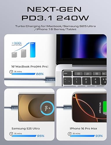 Vista 50 de LISEN Cable USB C a USB C de carga rápida de 240 W tipo C, cable de carga rápida tipo C, cables de seguridad de computadora para iPhone 17 16 iPad