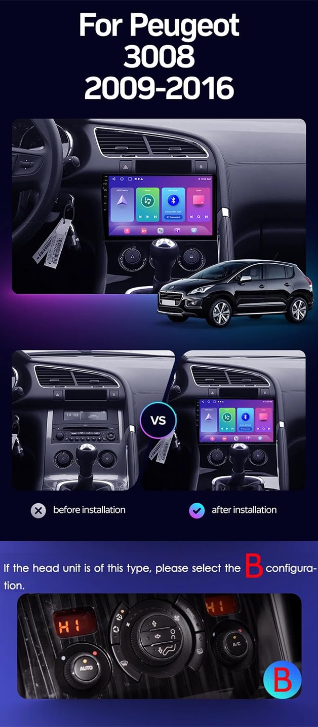 Samochodowy ekran dotykowy stereo, 9-calowy, 4-rdzeniowy, bezprzewodowa CarPlay, Android Auto, GPS, Bluetooth, WiFi, radio FM, ADAS DVR, kompatybilny z Peugeot 3008 (2009-2016)