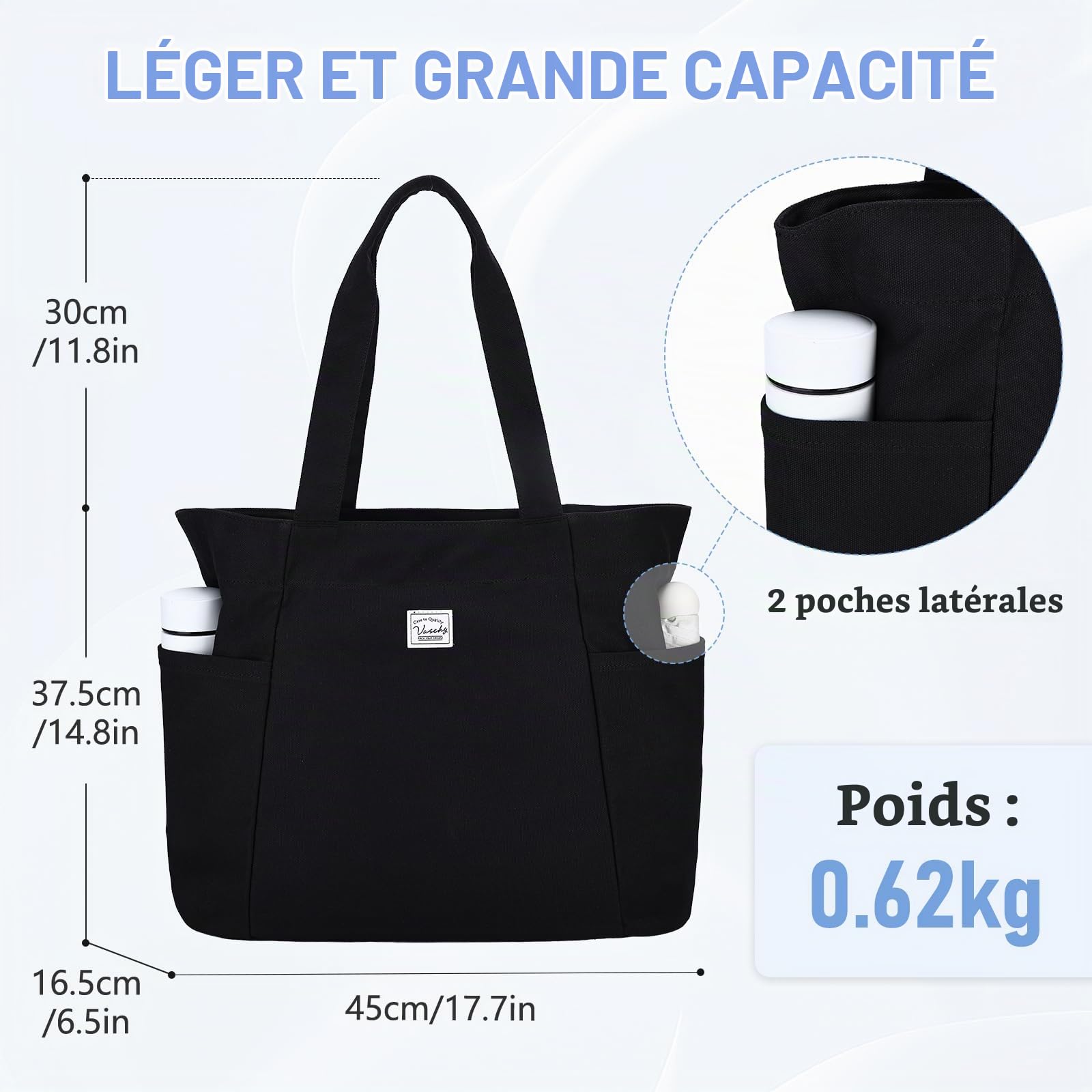 VASCHY Grand Tote Bag, Cabas Femme en Toile Léger Sac Fourre-Tout avec Fermeture Eclair Sac à Main en Tissu Réutilisable pour fille pour École Université Shopping Travail Voyage