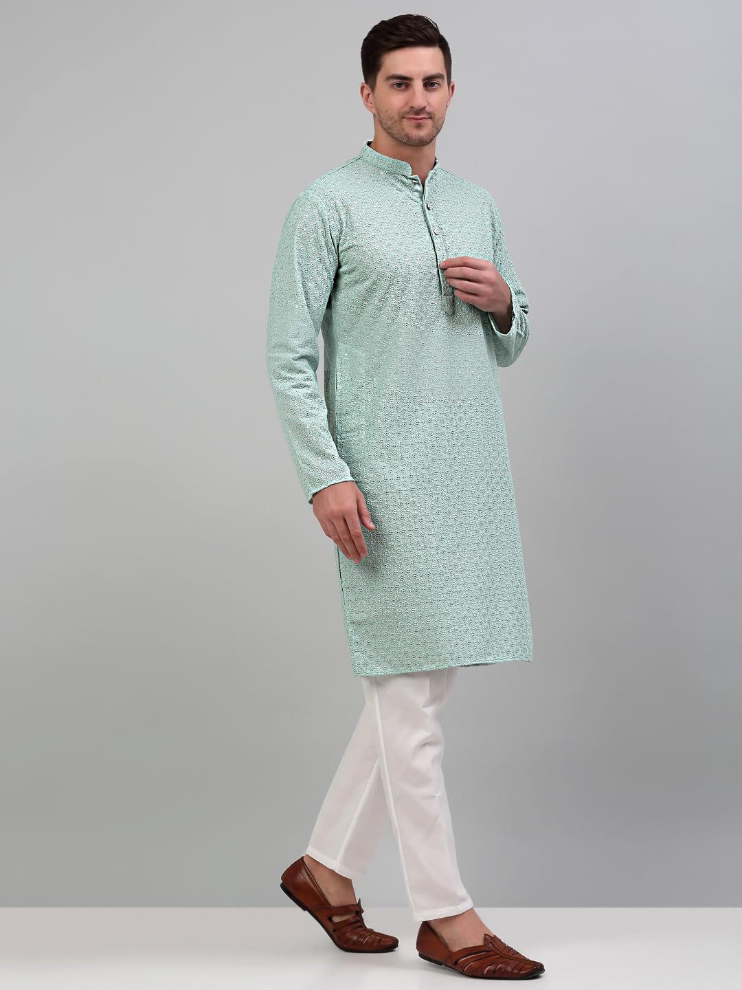 Jompers Men's Chikankari Embroidered And Sequence Kurta With Pyjama (Green, L)