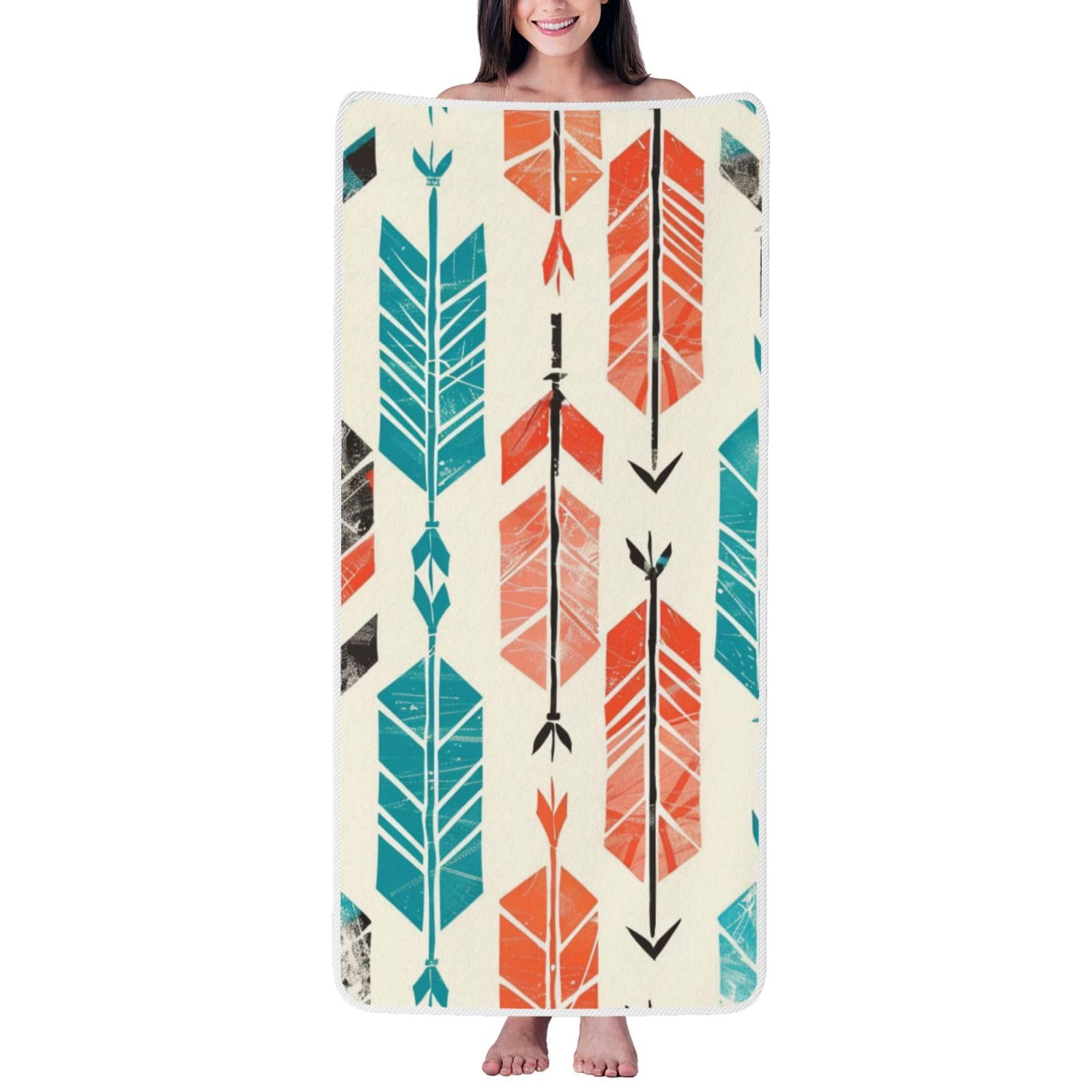 WPKJU Coral and Teal Arrows Printed Bath Towel with White Edging - 27x55 in Soft Extra Absorbent Coral Velvet Shower Towels for Bathroom