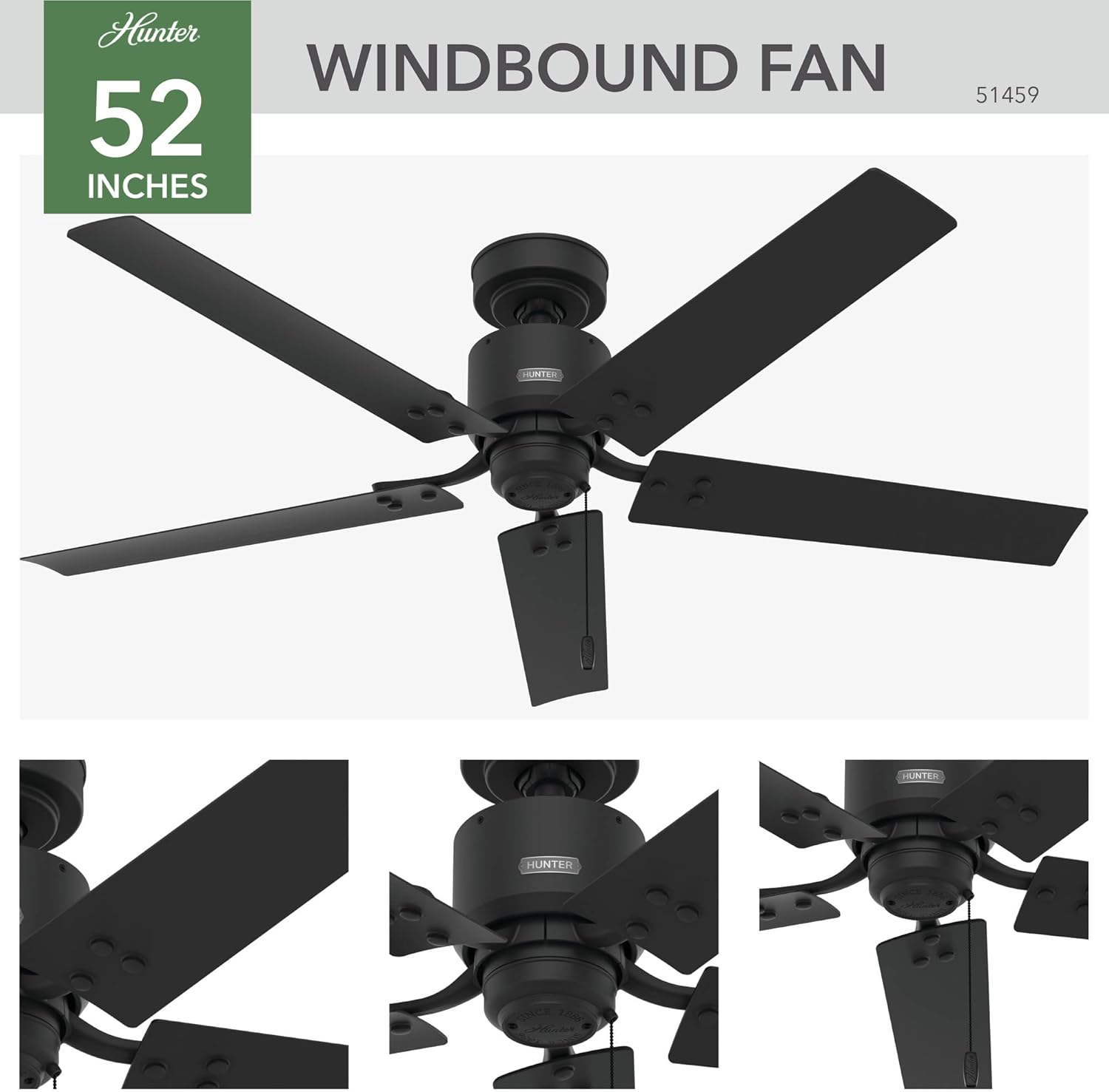 Hunter 52 inch Outdoor or Indoor Ceiling Fan No Light - Black Ceiling Fan without Light, For Patio, Porch, Garage, or Living Room, Standard Mount, 5 Blades, Pull Chain - Windbound 51459, Matte Black