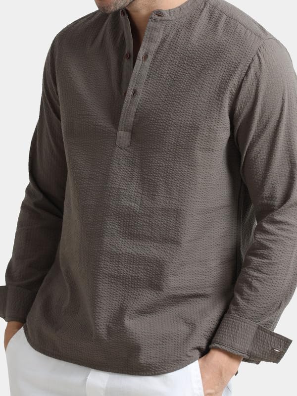 Image of StitchX Men's Seersucker Band Collar Pure Cotton Striped Kurta Shirt-S-2XL