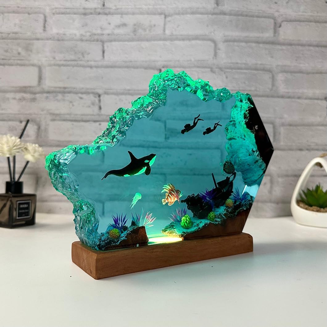 Resin Ocean Lamp, Night Lamp, Table Lamp, Resin Lamp, Ocean Lamp, Tabletop Art Decoration, Resin Wooden Lamp, Handmade Bedside Wooden Table Resin Lamp, Bedroom Decoration (8 * 5in)