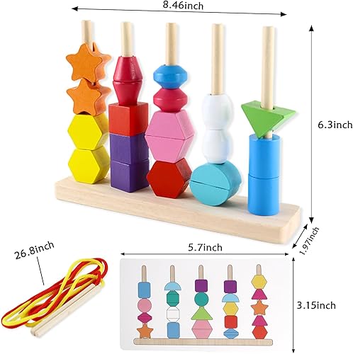 Miniatura 7 de Montessori - Juego de juguetes de secuenciación de cuentas, bloques apilables de madera y cuentas de cordones y apilador de formas a juego, juguetes