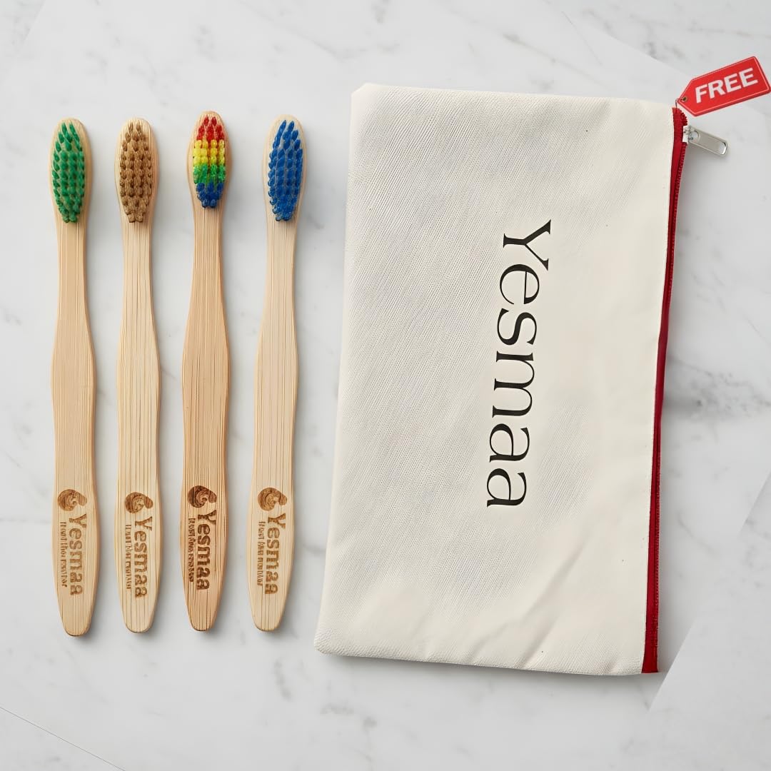 Kids Bamboo Toothbrushes – Soft Nylon-Free Bristles, Colorful Eco-Friendly Toothbrushes for Kids & Toddlers, BPA-Free Wooden Toothbrush,Natural Organic Bamboo Handle, Dental Care for Children (Pack of 4) with Reusable Cotton Pouch