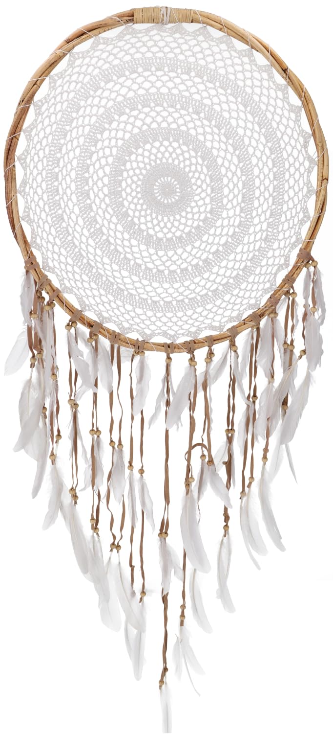 Großer exklusiver Traumfänger mit gehäkeltem Netz und Federn, weiß 50 cm | Riesiger Traumfänger, traditionelles Design, fängt böse Träume, ideal für Schlafzimmer, handgefertigt