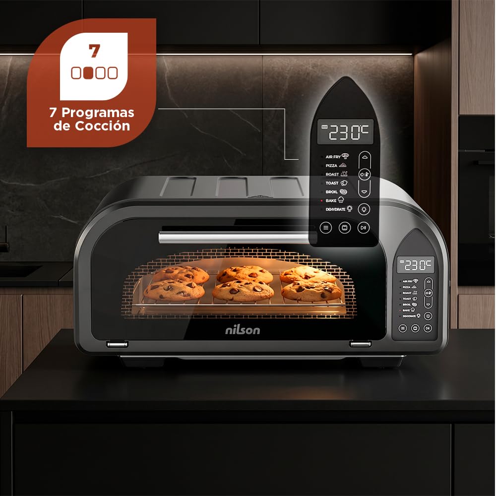 Four à pizza 12 L, compact, 2000 W, 7 programmes de cuisson, écran LED, NPM2000DP, thermostat réglable, température maximale 350°, minuterie