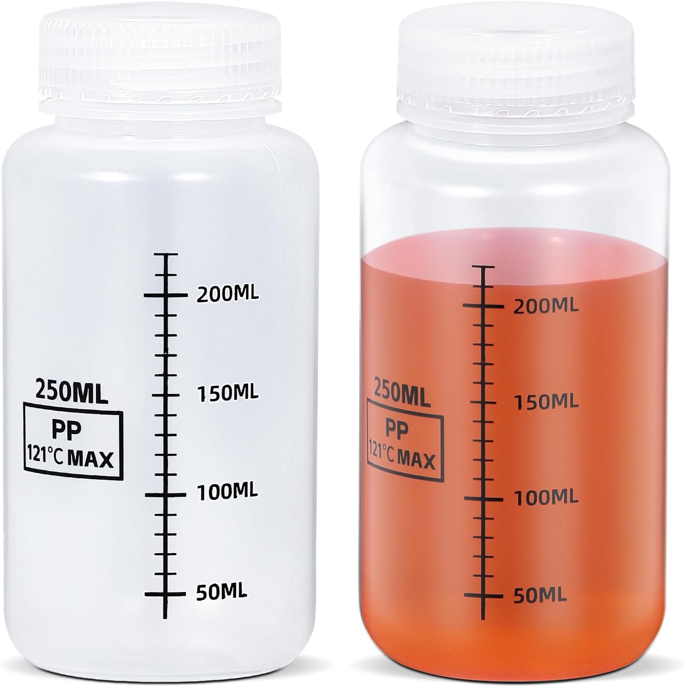 8.8oz/260ml Wide Mouth Plastic Bottles with Airtight Lids, Graduated Food Grade Leak Proof PP Containers Jars for Water Sample Lab Reagent Liquid Medicine Storage (Transparent, 2 Pcs)