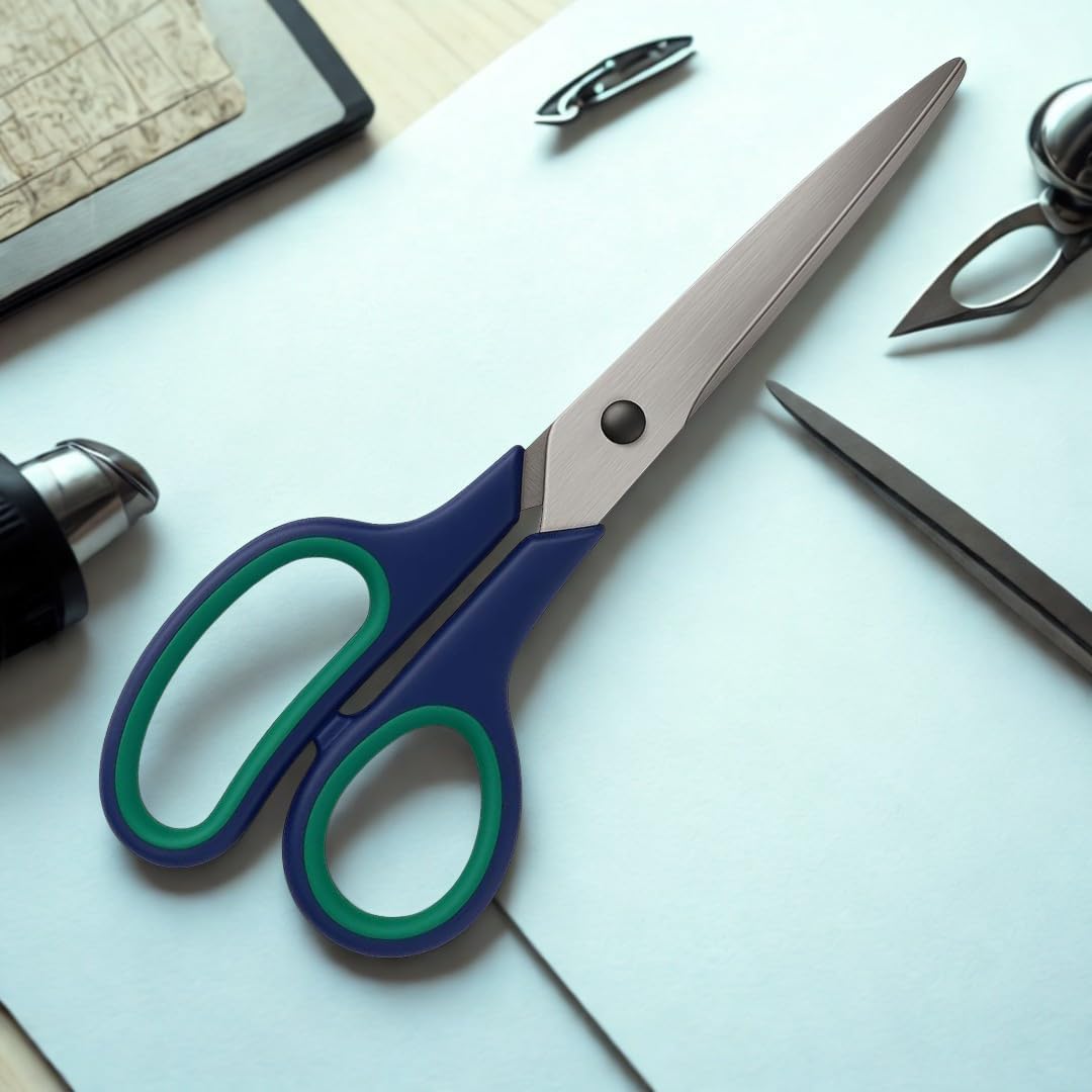 SUWORS 21.5 cm Paslanmaz Çelik Büyük Ofis Makası – Ergonomik Kauçuk Saplı, Yeşil-Lacivert Renkli, Ev & Büro Tipi Makas