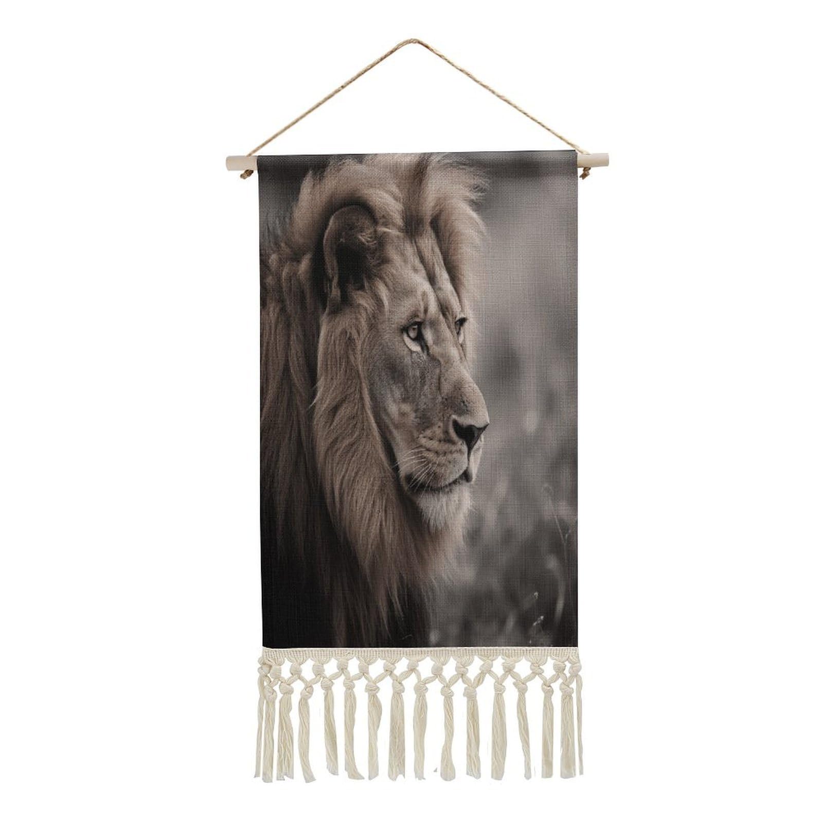 FekiLoot Wildlife Lion Wall Art Poster Hanger Frame Vertical Tassel Tapestry Cotton Linen Hanging Poster Decorative Wall Art Prints Vintage Wall Art Decor for Home Bedroom Living Room Office
