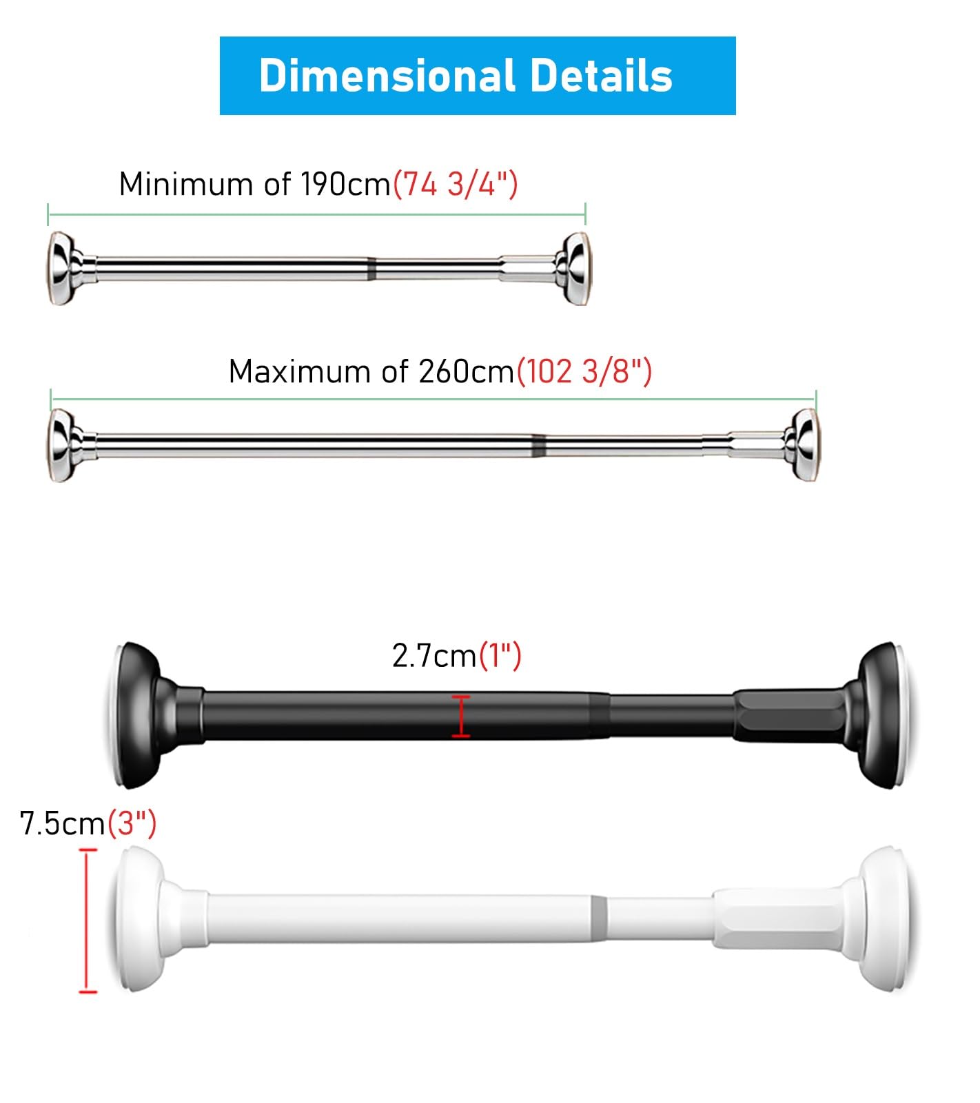 Barra Armario Barra Colgante Multiusos para Armario, Barra de Acero Inoxidable Que Soporta El Peso de la Ventana, Sin Taladro, Barras de Cortina de Ducha de Longitud Ajustable(Black,190-260cm(75"-102