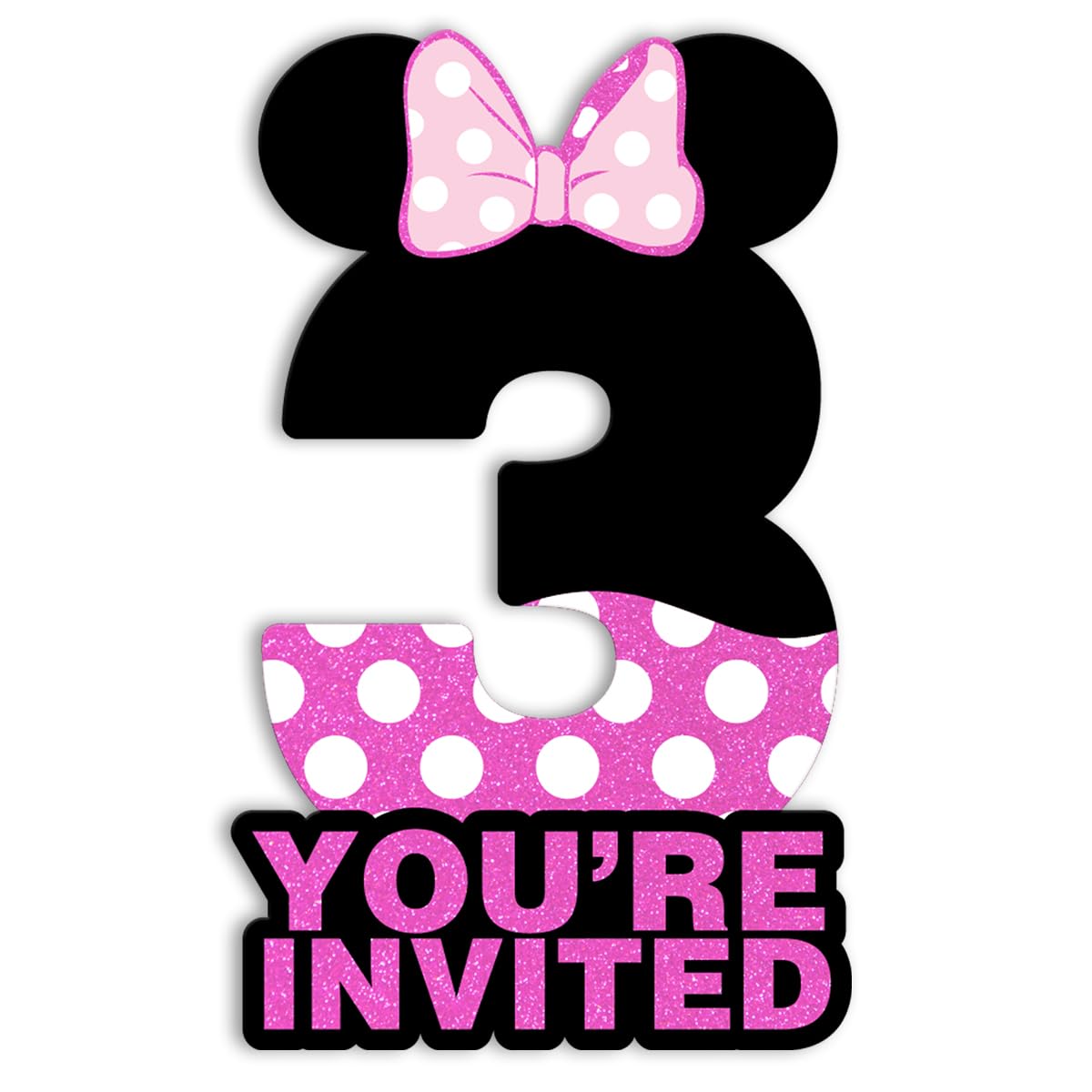 pertnate Mouse 3rd Birthday Party Invitations Girl Pink Glitter Mouse 3 Year Old Girls Birthday Shaped Invitations with Envelopes,Set of 20