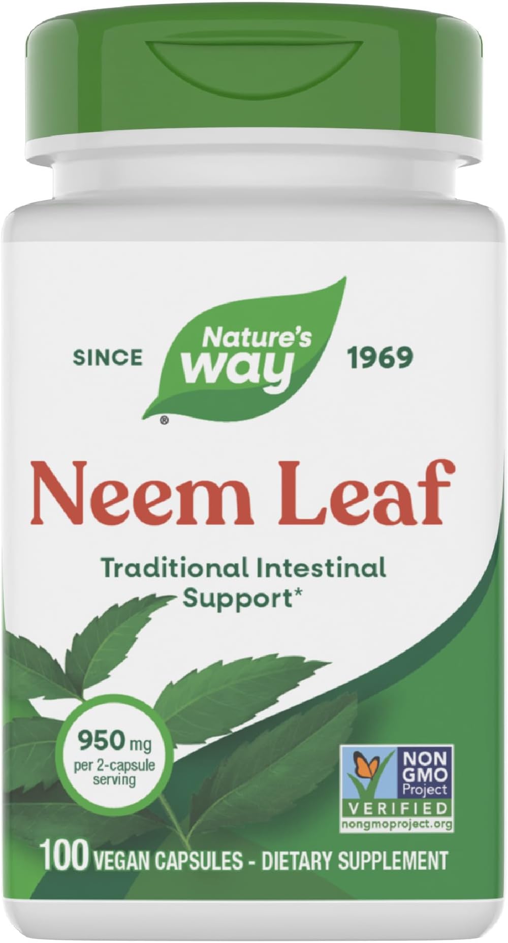 Nature's Way Neem Leaf Capsules, Traditional Intestinal Support*, Used in Ayurveda, 950 mg per 2-Capsule Serving, Non-GMO Project Verified, Vegan, 100 Count (Packaging May Vary)