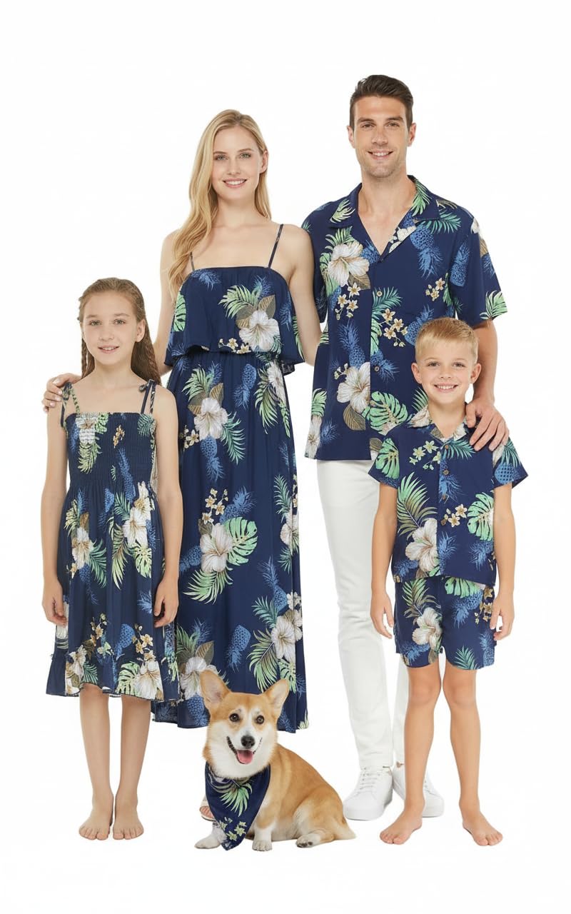 Matchable Family Hawaiian Luau Men Women Girl Boy Clothes in Pineapple Garden Navy