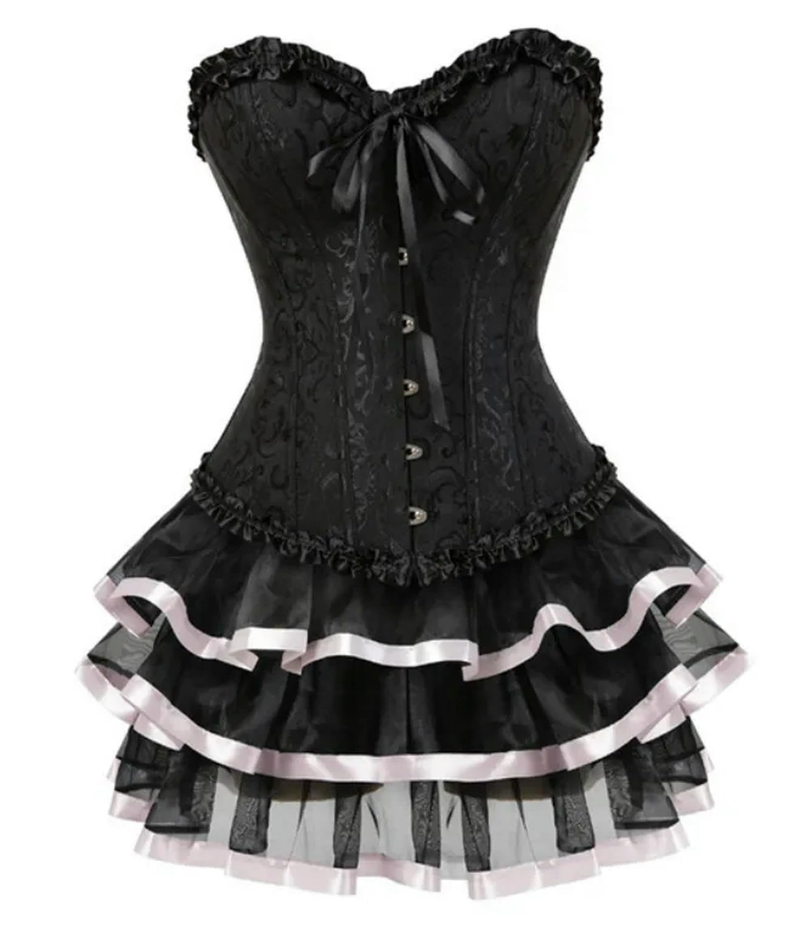 WEITING Abiti con Corsetto Overbust in Raso di Pizzo Abiti da Ballerina Showgirl Barlesque Corsetti e Bustini Lingerie Top per Donne Gonna Tutu Set-Style-B Nero-XS