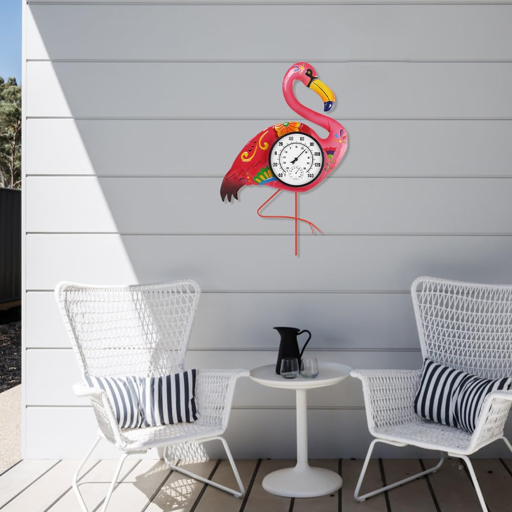 Flamingo - Termómetro para interiores y exteriores con humedad, termómetro exterior decorativo de 24 pulgadas para patio, jardín, decoración de sala de estar, números grandes fáciles de leer