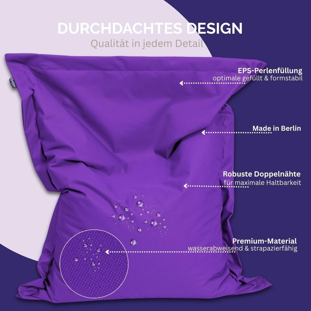 BuBiBag Sitzsack XXL 200x140 cm mit Füllung – Handgefertigt – Bean Bag Indoor & Outdoor – Riesensitzsack Lounge Gästebett – wasserabweisend – Lila