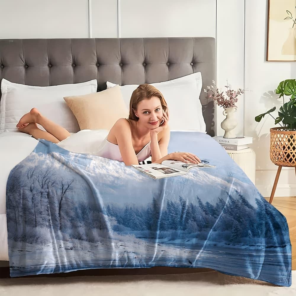Générique Plaid Couverture Polaire Flanelle en Microfibre, Paysage de Montagne en Hiver Couverture lit Jeté de Canapé 2 Personnes, Blanc Plaid Fourrure Chaud et Doux en Peluche 180x200 cm