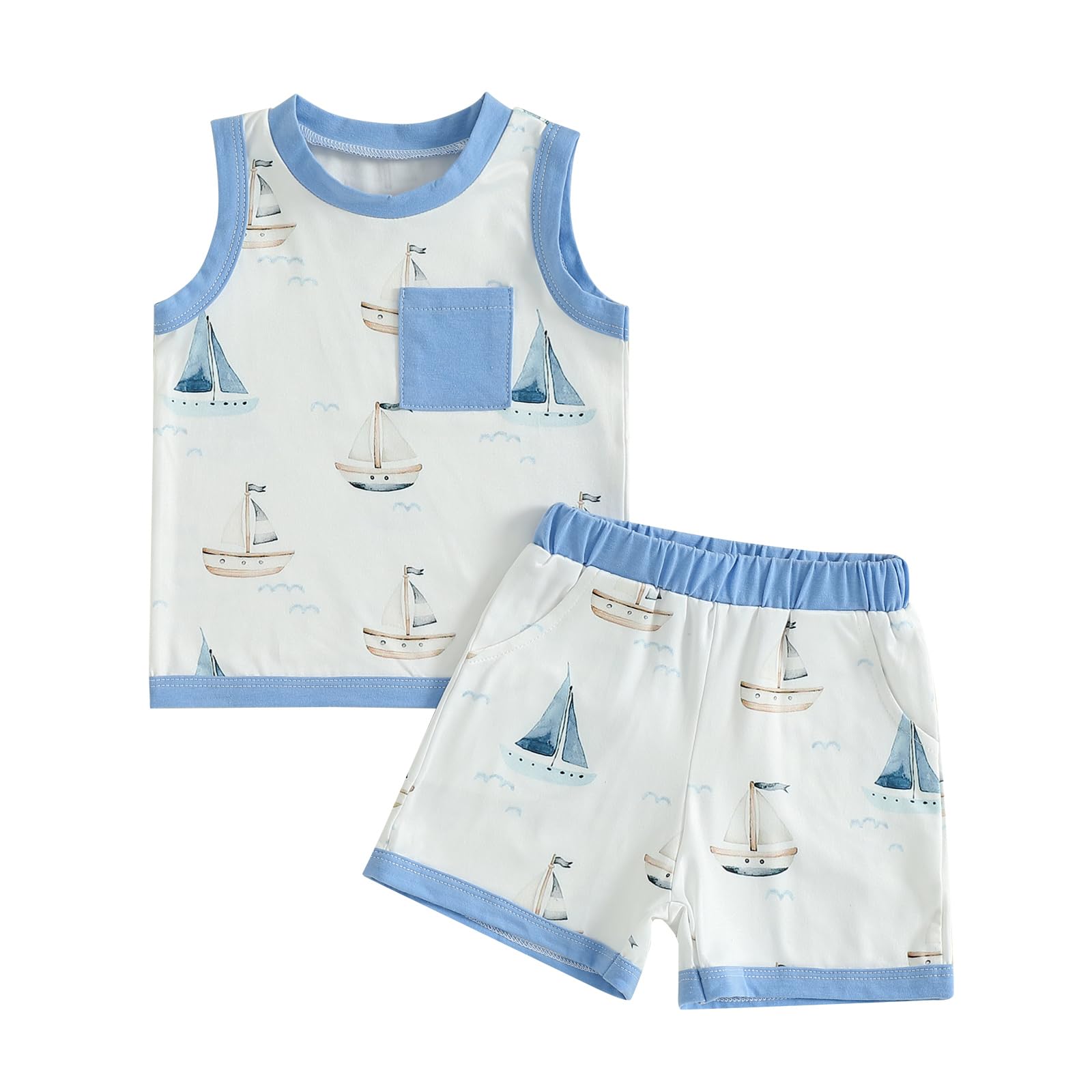 Toddler Baby Boy Summer Outfit Sleeveless Tank Tops + Casual Shorts Set 2 Piece Infant Beach Clothes (Sailboat White, 12-18 Months)