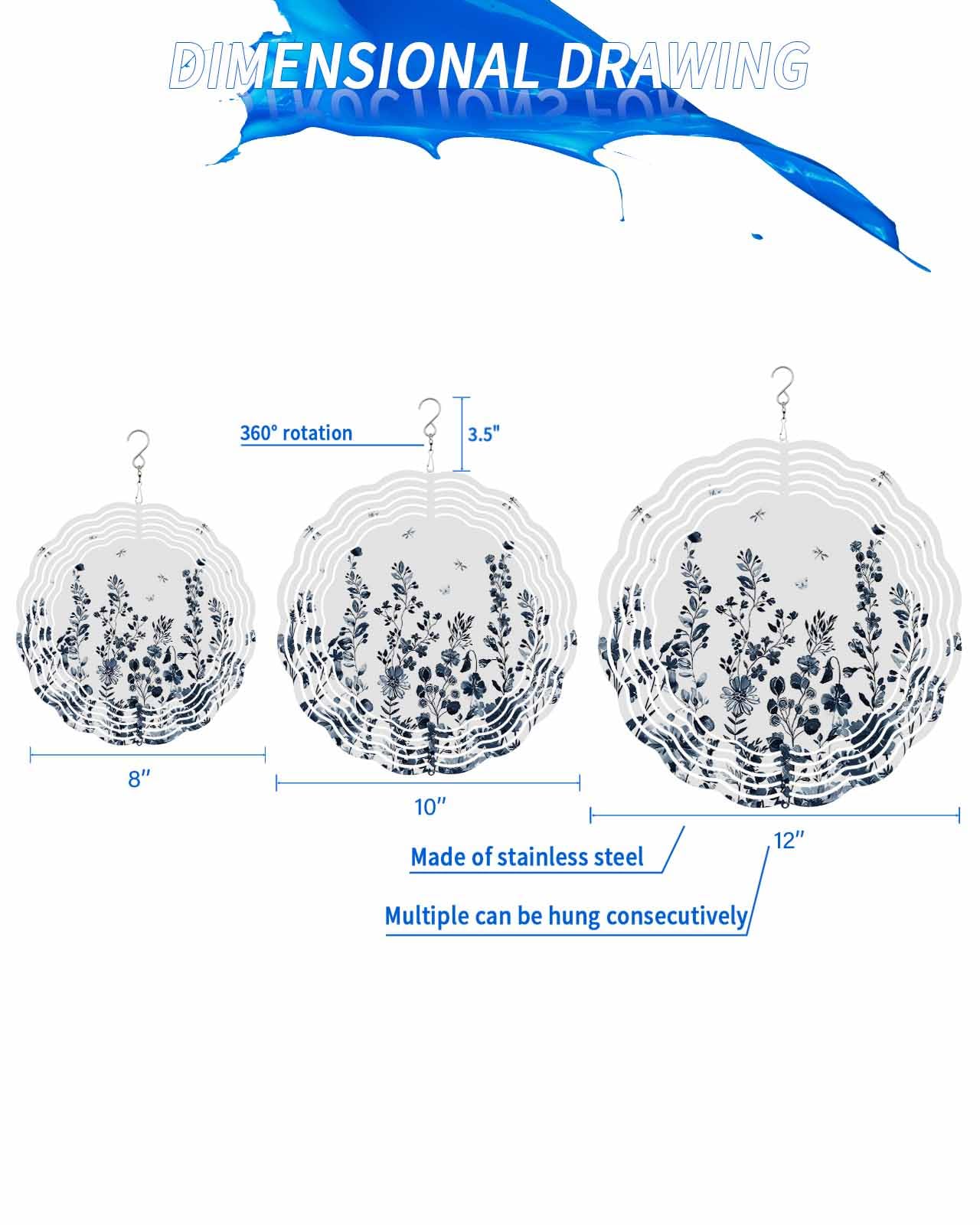 Floral Wind Spinners, Flower Bud Dragonfly Blue Hanging Wind Spinners for Yard and Garden 3D Stainless Steel Metal Sculptures Crafts Ornaments 10 Inch