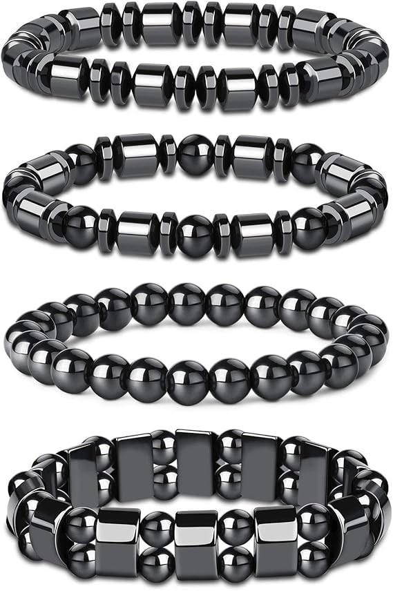 4PCS Hematite Bracelet, Stylish Black Beaded Stretch Bracelet for Men and Women, Meditation, and Fashion Accessories