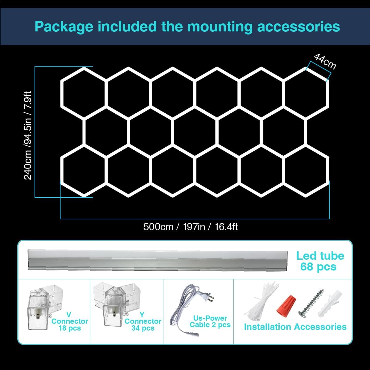 Hexagon Garage Lights: 68 Pack 17 Honeycomb Hexagon LED Light 6500K 60500LM 550W 5X2.4m Garage Lights Ceiling LED Wall Lighting for Gym Basement Warehouse Car Detailing Salon Workshop