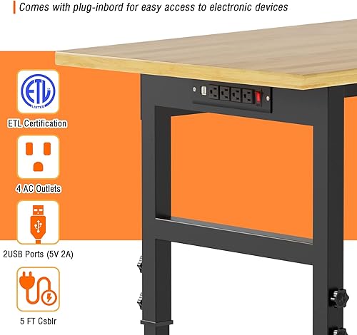 Miniatura 3 de Banco de trabajo ajustable de 60 pulgadas, mesa de taller de madera resistente con ruedas, capacidad de 2000 libras, estación de trabajo de madera