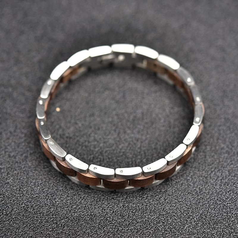 Herren Edelstahl Armband mit Edlen Holz Elementen Inklusive Geschenkbox und Werkzeug für die Größenanpassung 20 cm Länge, Massive und Stabile Ausführung