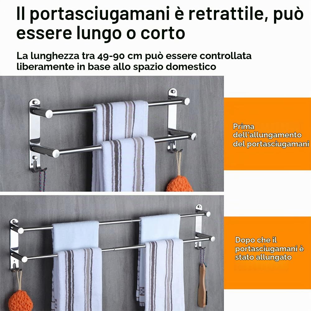 Portasciugamani Muro HONPHIER® Portasciugamani da Parete Porta Salviette Da Bagno Porta Salviette Acciaio Inossidabile Cromato Retrattile 49-90CM Portasciugamani Cromo (2 Barre)
