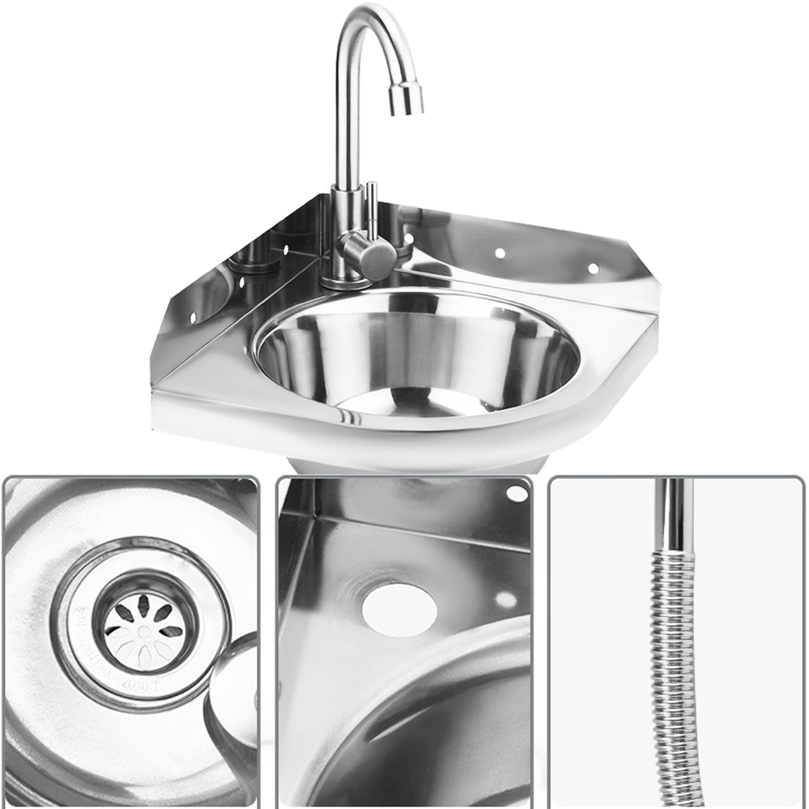 Lavello Angolare in Acciaio Inox da Bar, Mini Lavabo per Piccoli Spazi, Cucina, Bagno (26 cm / 10.3 in)