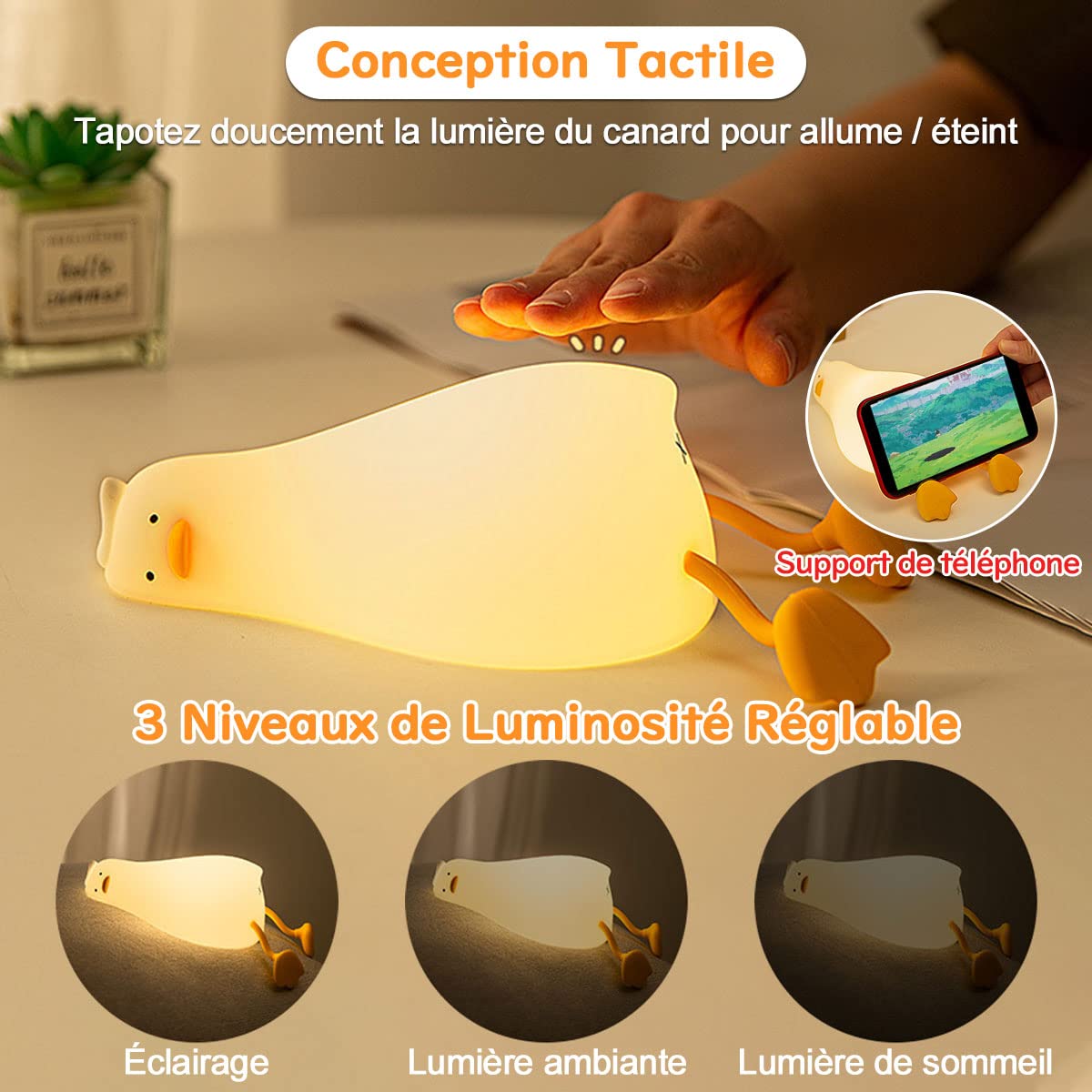 FAMIDUO Luce Notturna Bambini, Sdraiata Anatra Lampada Led Ricaricabile, Neonato Accessori Utili Camera Da Letto, Lampada Comodino, Regalo Neonata Femmina, Luminosità Regolabile, Tempismo Di 30 Minuti