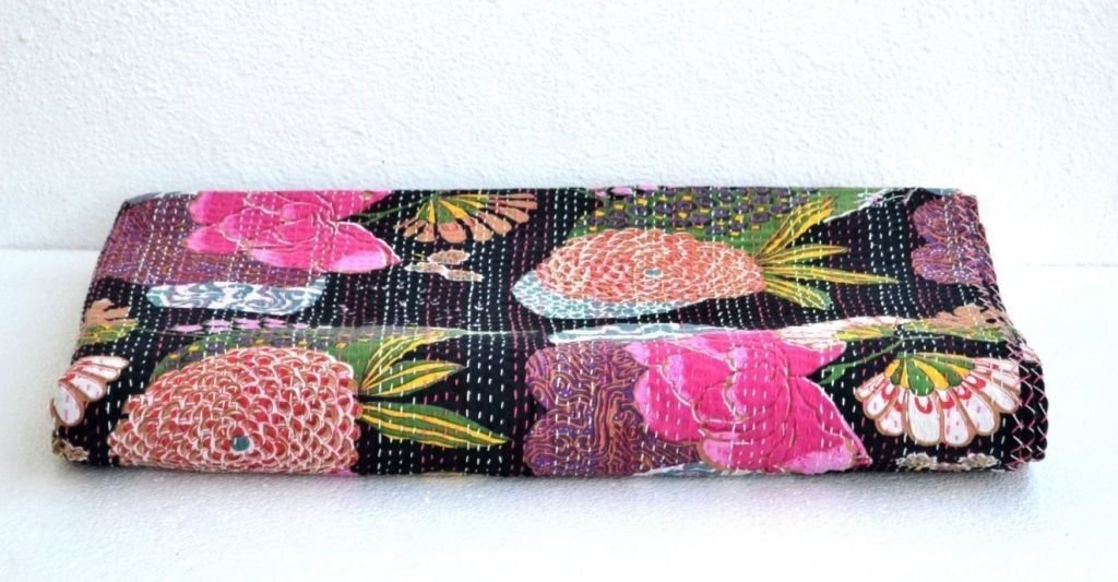 YUVANCRAFTS Indian Brid Print Twin Cotton Kantha Quilt Throw Blanket Bedspread Throw Gudari (Fruit)